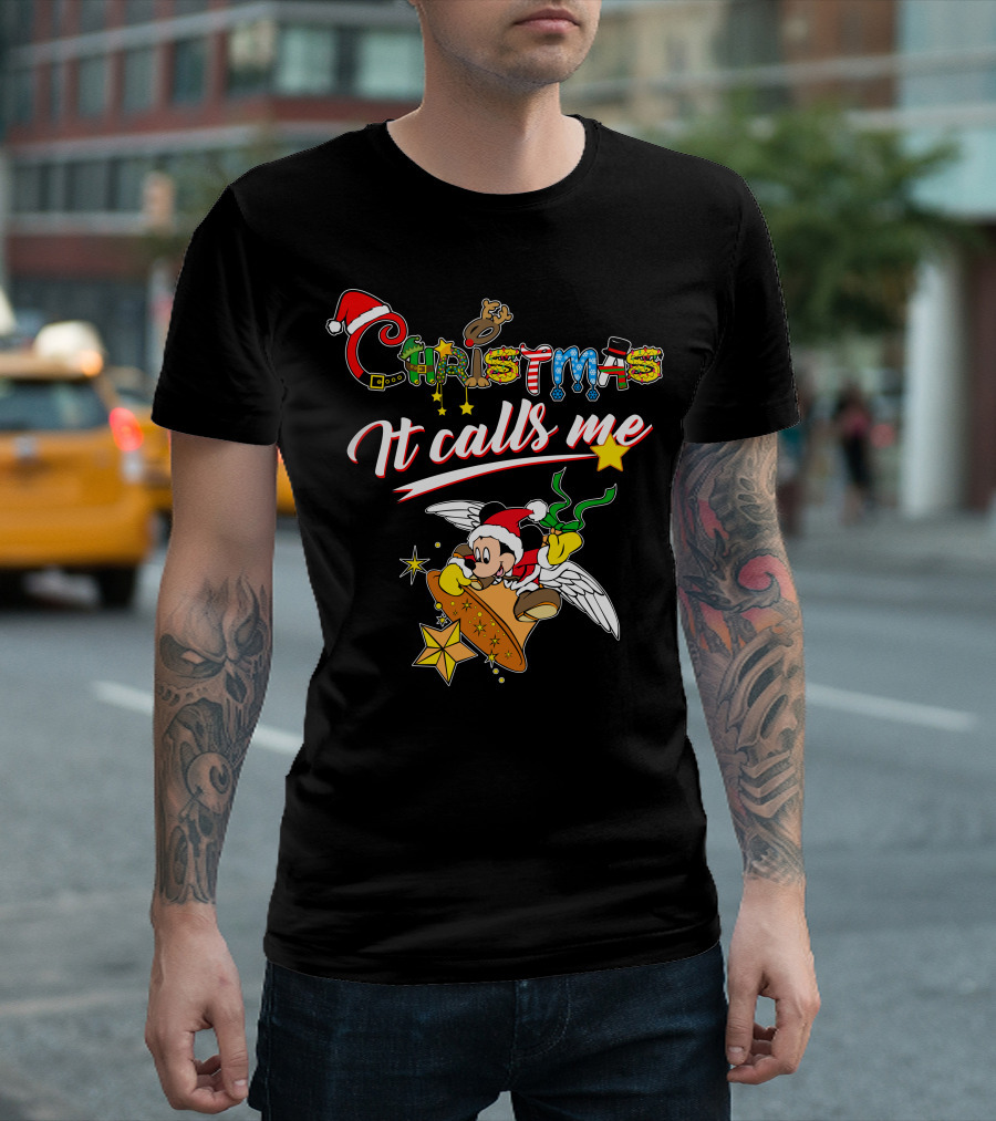 Christmas It Calls Me Mickey Santa Hat Winged Bell T-Shirt