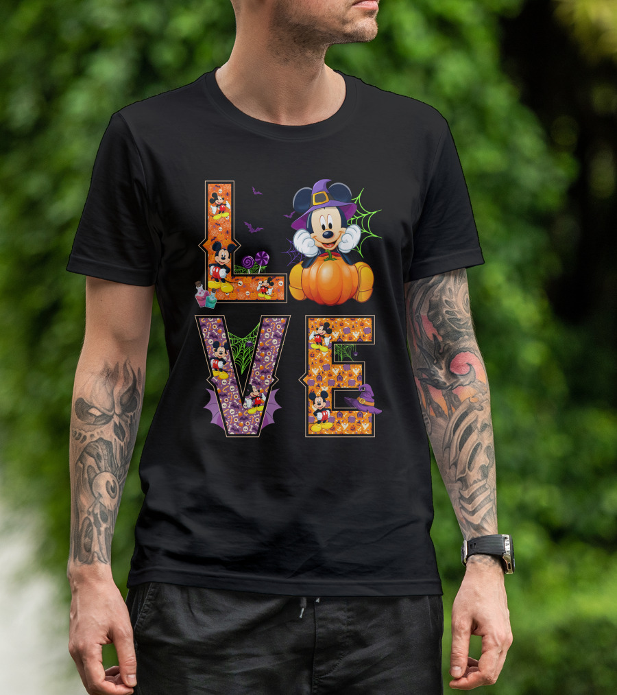 Love Halloween Mickey Mouse Pumpkin Witch Hat Spooky Bats T-Shirt