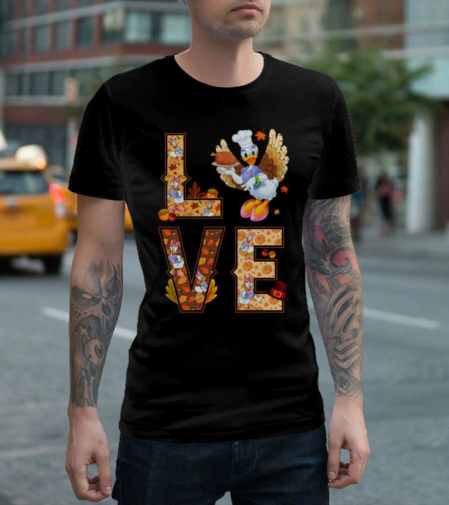 Thanksgiving Daisy Duck Love Fall Leaves Pumpkins Turkey Chef Hat T-Shirt
