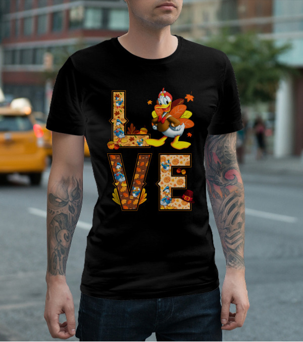 Love Thanksgiving Donald Duck Turkey Autumn Leaves Pumpkins T-Shirt