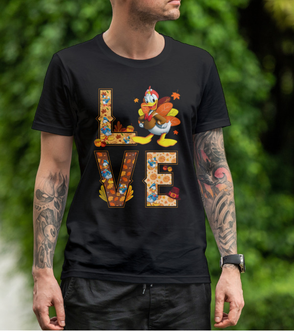 Love Thanksgiving Donald Duck Turkey Autumn Leaves Pumpkins T-Shirt