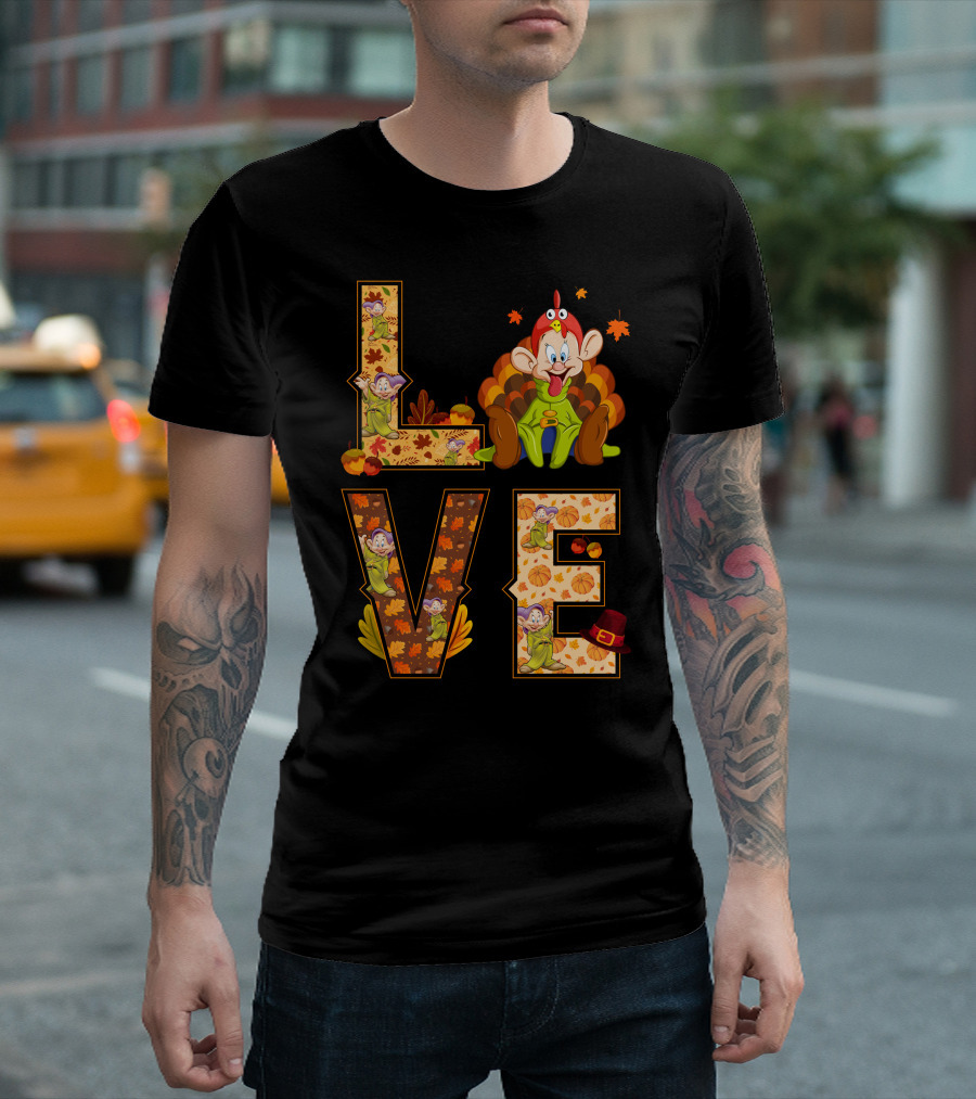 Love Thanksgiving Dopey Characters And Autumn Leaves T-Shirt
