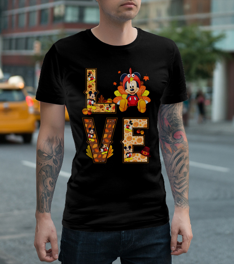 Mickey Love Thanksgiving Theme With Autumn Leaves And Pumpkins T-Shirt