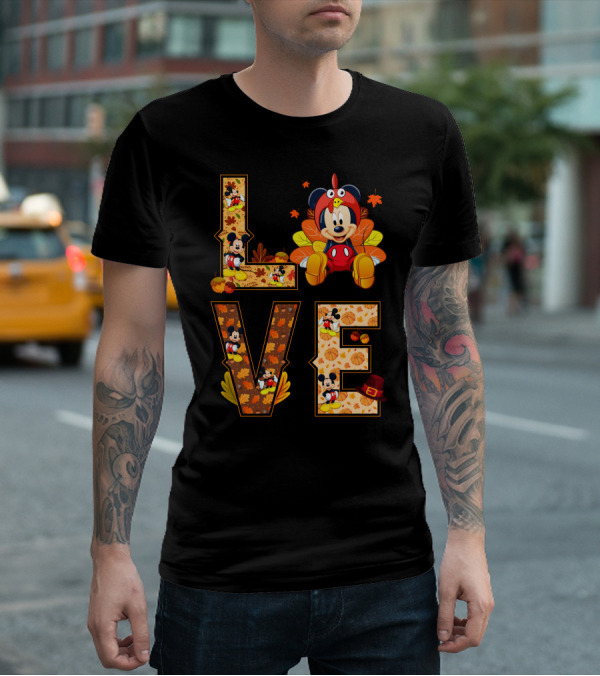 Mickey Love Thanksgiving Theme With Autumn Leaves And Pumpkins T-Shirt