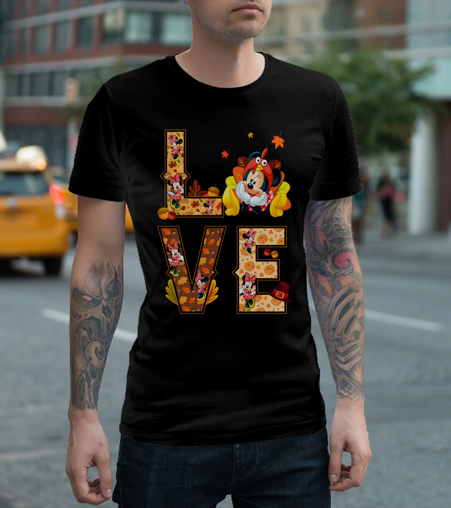 Autumn Love Minnie Mouse Fall Theme With Leaves And Pumpkins T-Shirt