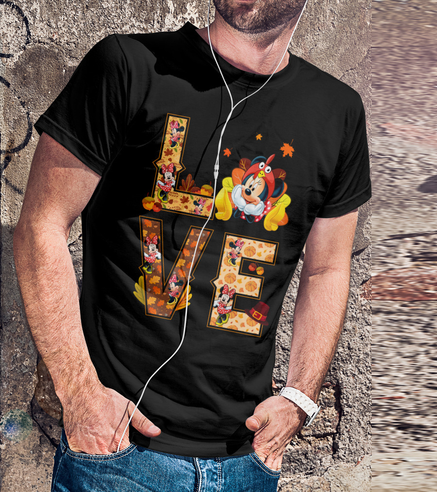 Autumn Love Minnie Mouse Fall Theme With Leaves And Pumpkins T-Shirt