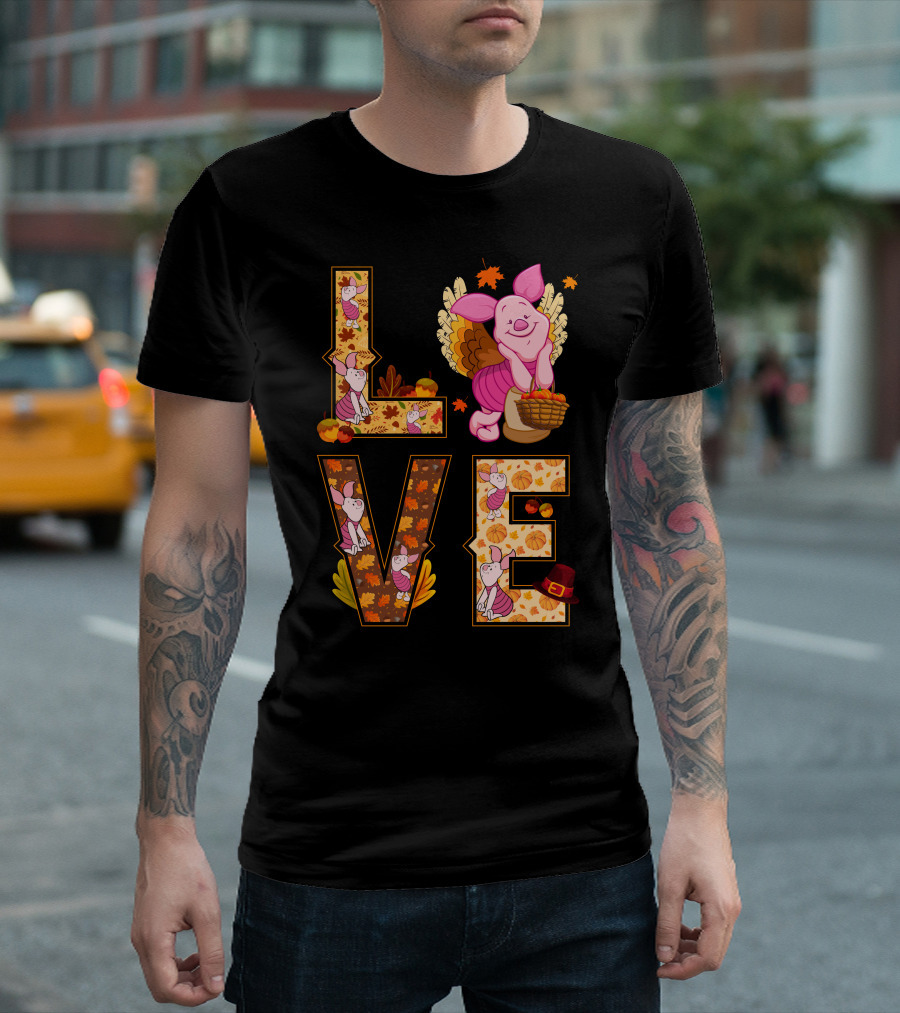 Piglet Love Autumn Harvest Thanksgiving Pumpkin Leaves T-Shirt