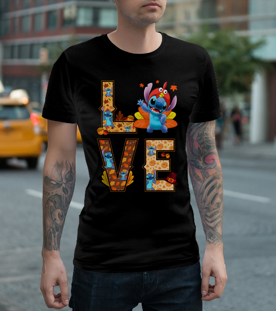 Love Stitch Thanksgiving Autumn Leaves Pumpkins Turkey Hat T-Shirt