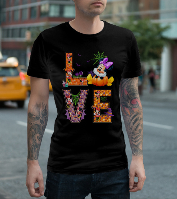 Love Minnie Halloween Pumpkin Bats Spiderwebs Bow T-Shirt