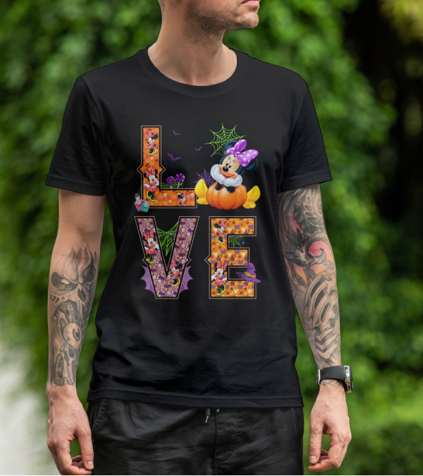 Love Minnie Halloween Pumpkin Bats Spiderwebs Bow T-Shirt