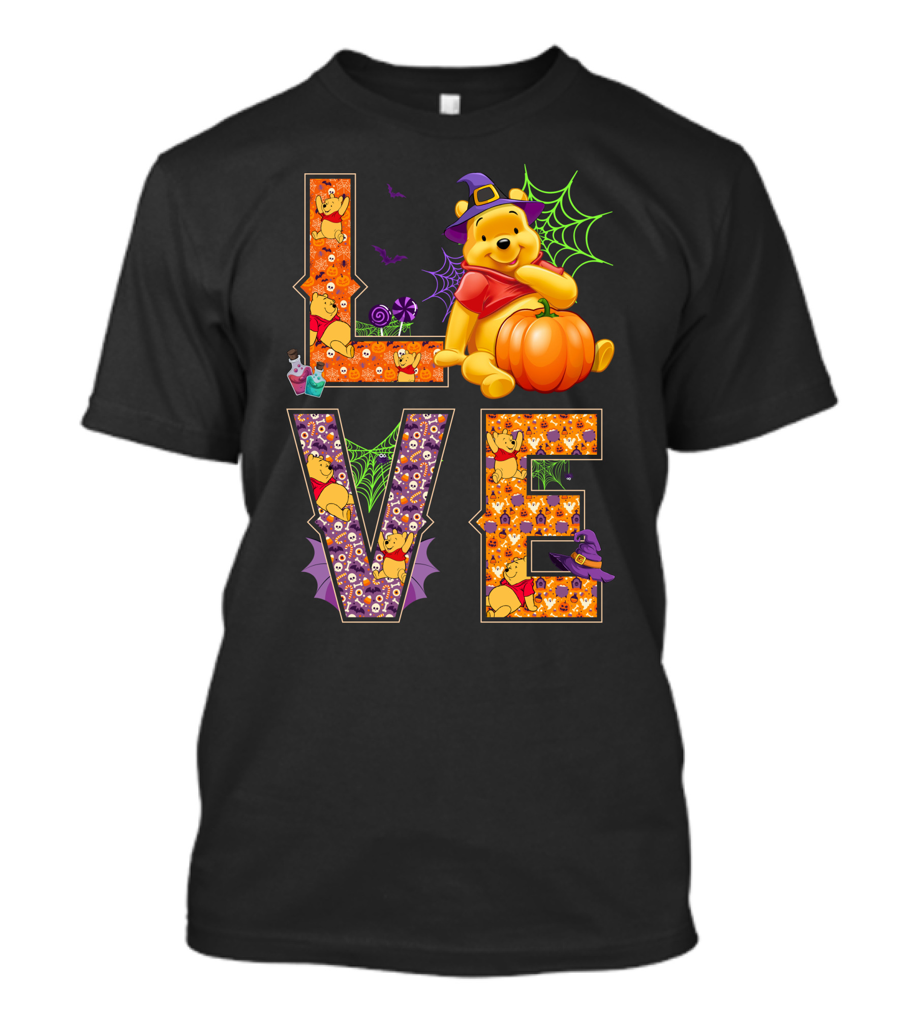 Pooh Halloween Love With Pumpkins And Spider Webs T-Shirt