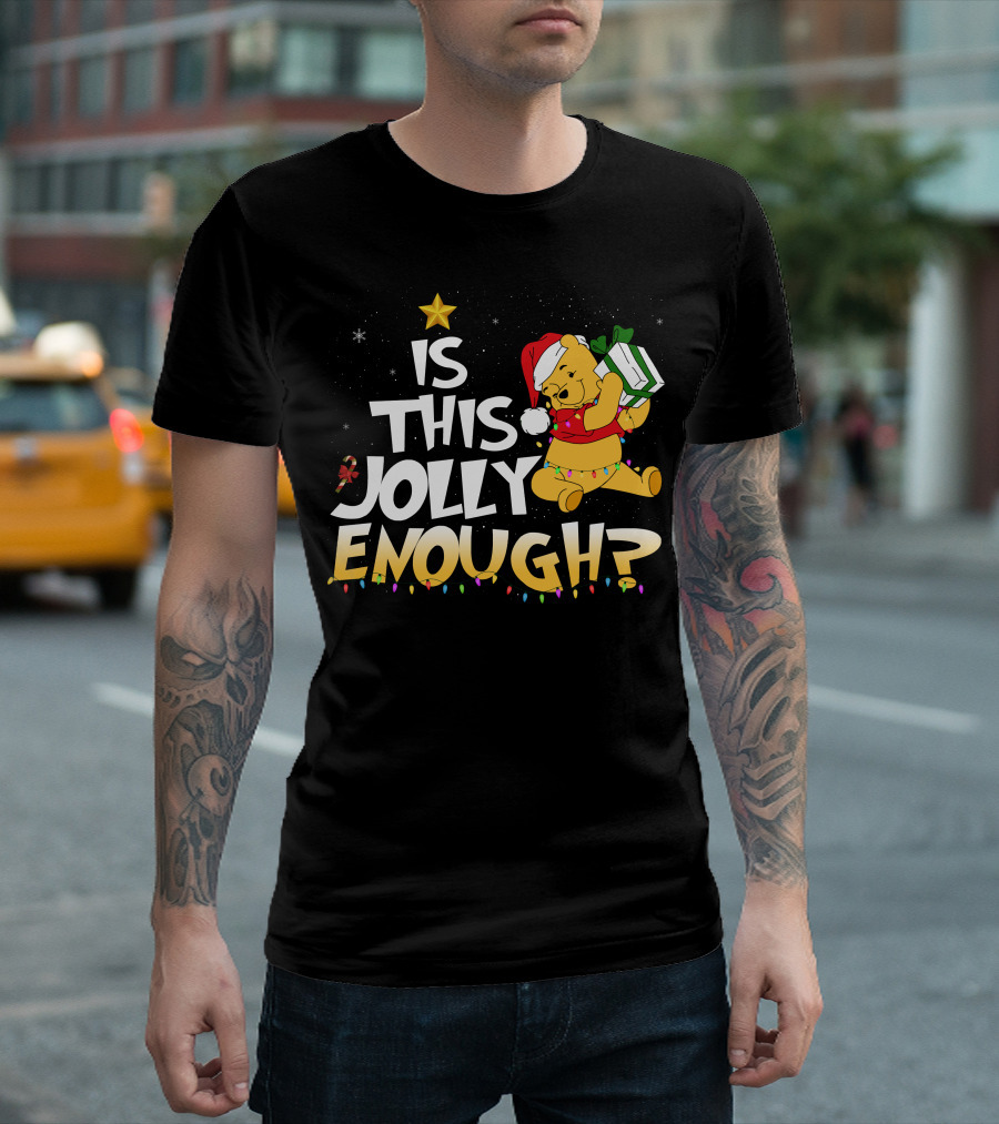 Is This Jolly Enough Pooh Bear Santa Hat Christmas Lights Gift T-Shirt