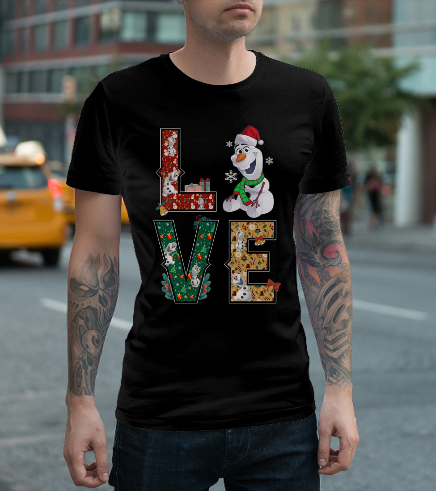 Love Olaf Christmas Snowman Santa Hat Scarf Snowflake Gifts T-Shirt