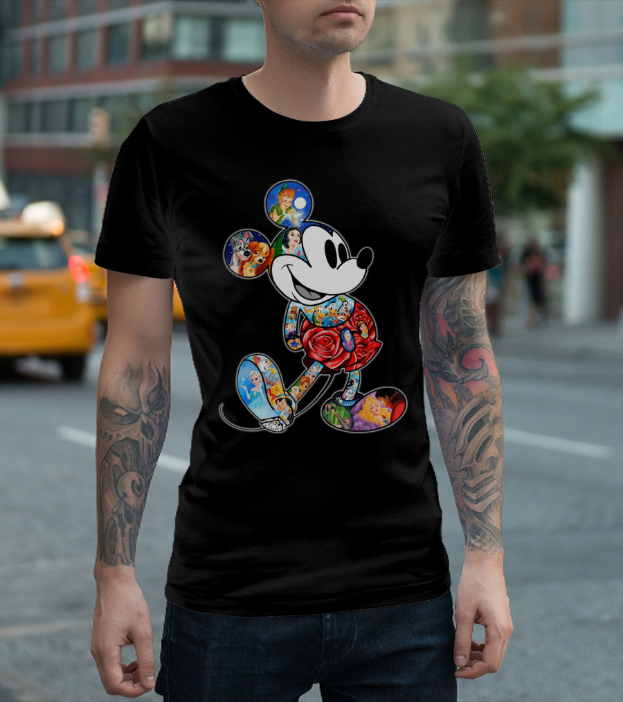 Mickey Mouse Collage Featuring Classic Disney Characters T-Shirt