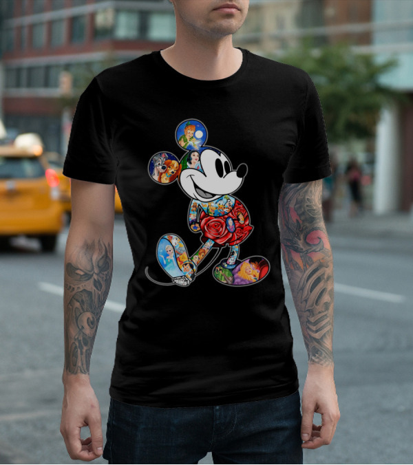 Mickey Mouse Collage Featuring Classic Disney Characters T-Shirt
