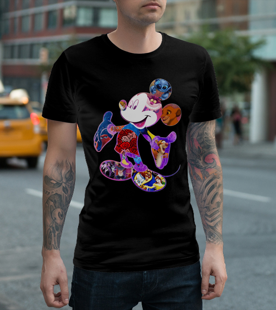 Mickey Mouse Collage Featuring Disney Characters From Lilo & Stitch The Lion King Finding Nemo Winnie The Pooh The Little Mermaid Beauty And The Beast T-Shirt
