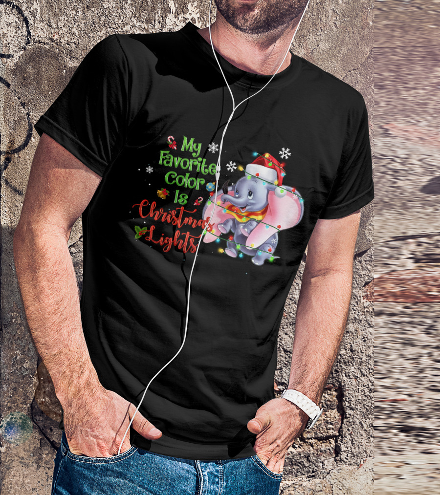 My Favorite Color Is Christmas Lights Dumbo Elephant Santa Hat Snowflakes Garland T-Shirt