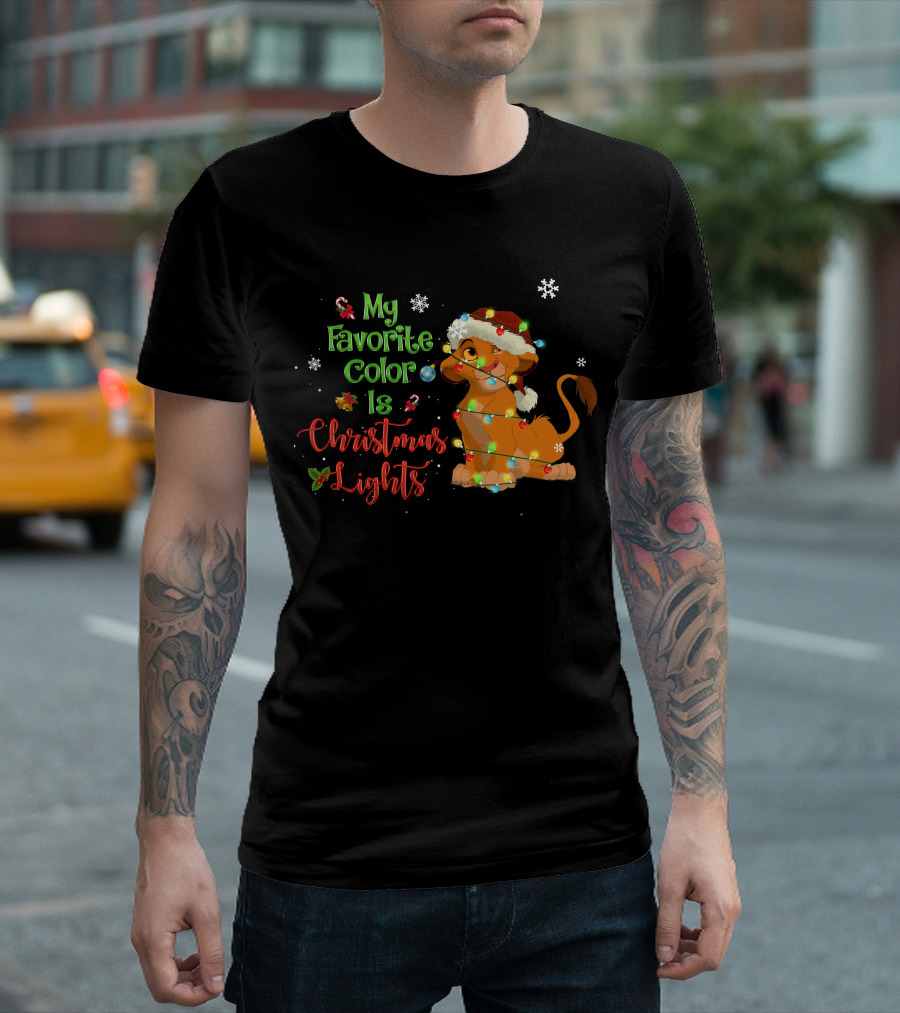 My Favorite Color Is Christmas Lights Simba Santa Hat Snowflakes T-Shirt