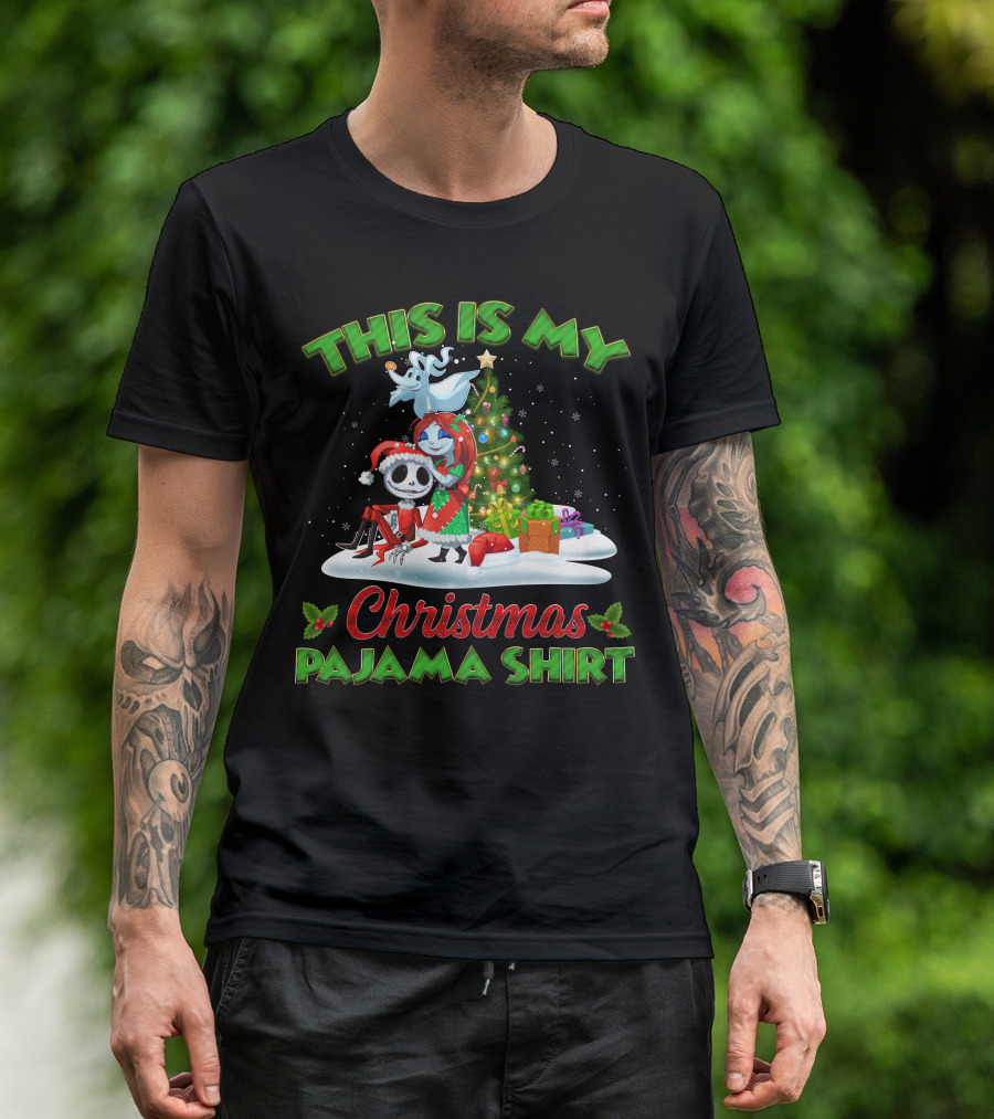 This Is My Christmas Pajama Shirt Jack Skellington And Sally Holiday Tree Scene T-Shirt