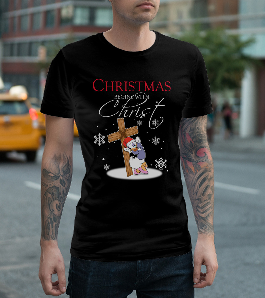 Christmas Begins With Christ Daisy With Cross And Snowflakes T-Shirt