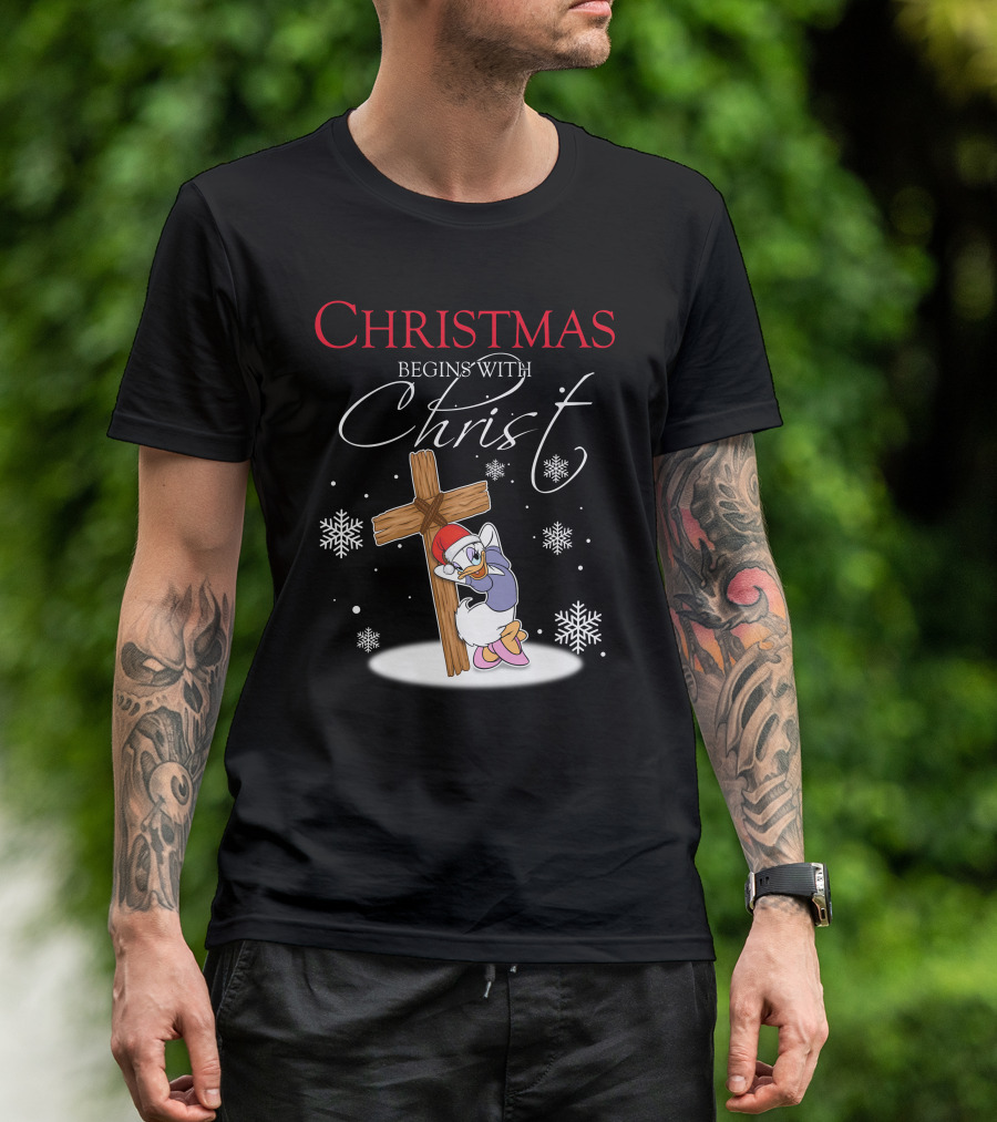 Christmas Begins With Christ Daisy With Cross And Snowflakes T-Shirt