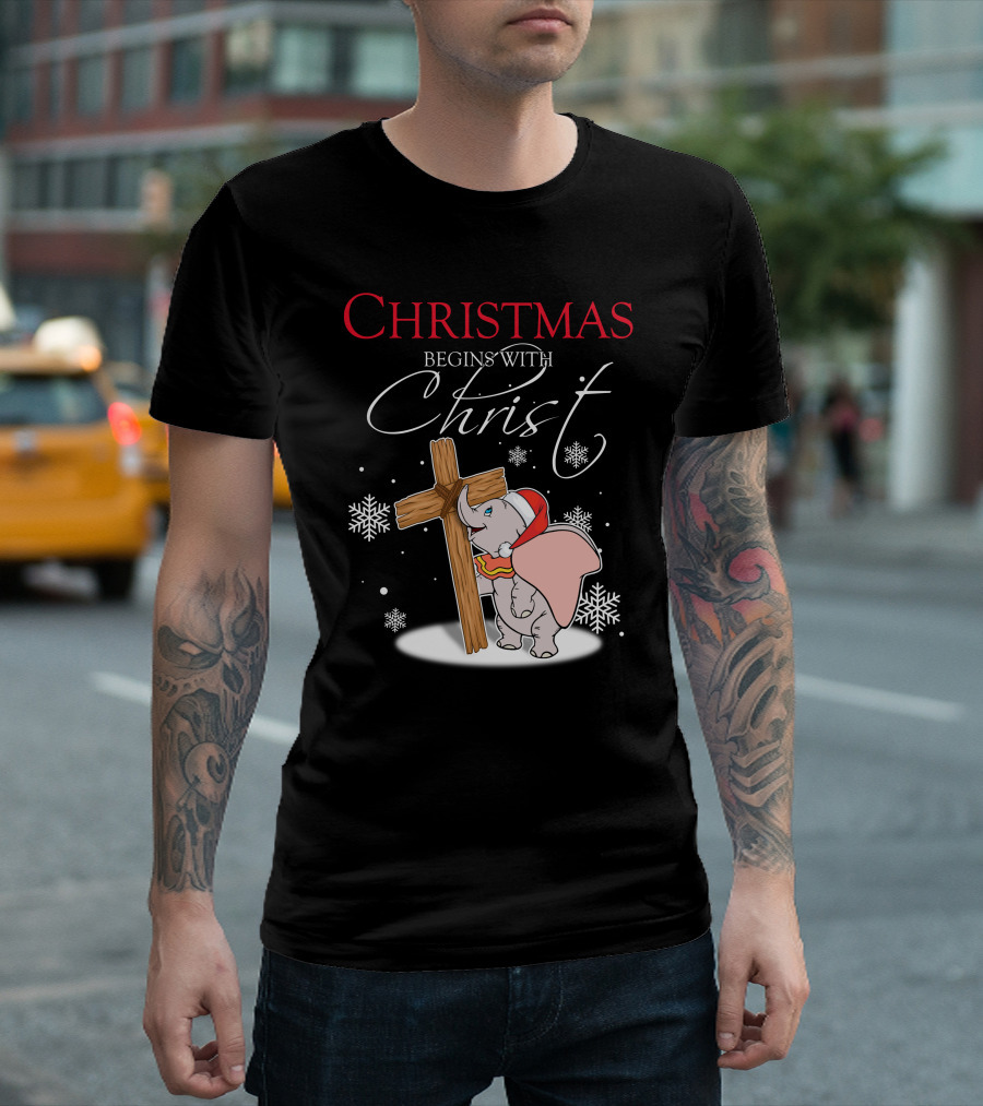 Christmas Begins With Christ Dumbo Santa Hat Cross Snowflakes T-Shirt