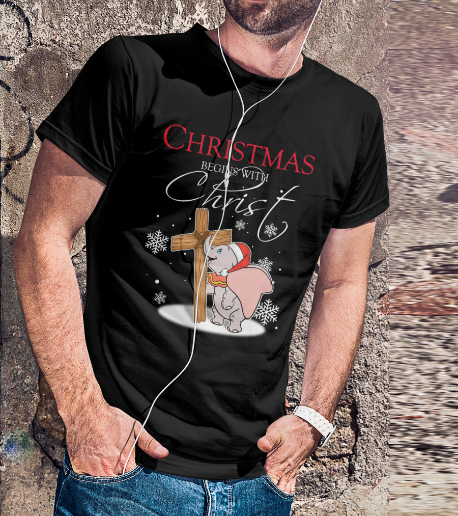 Christmas Begins With Christ Dumbo Santa Hat Cross Snowflakes T-Shirt
