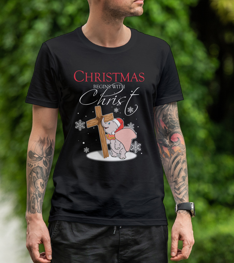 Christmas Begins With Christ Dumbo Santa Hat Cross Snowflakes T-Shirt