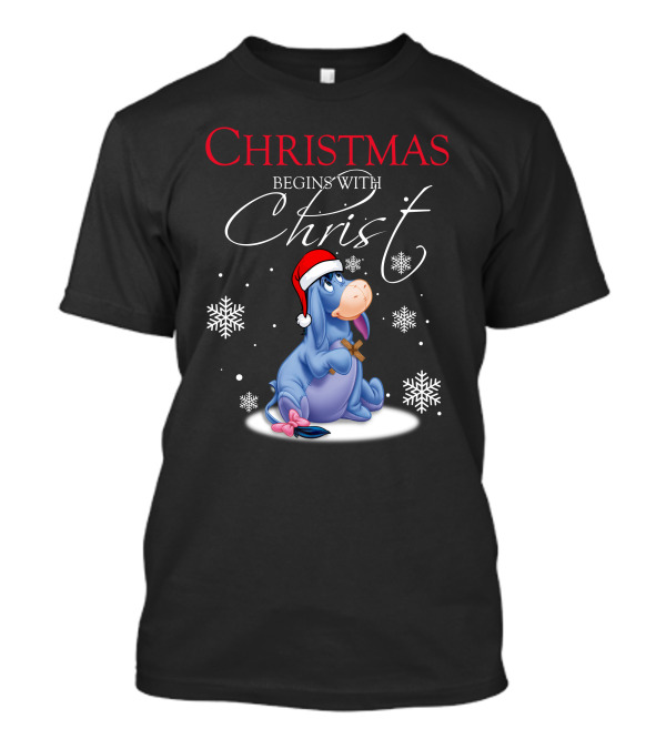 Christmas Begins With Christ Eeyore Santa Hat Snowflakes T-Shirt