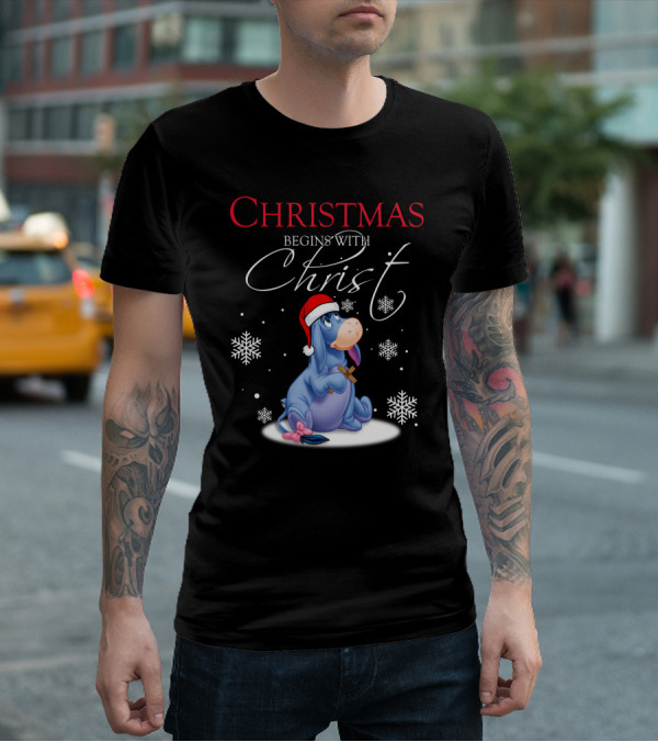 Christmas Begins With Christ Eeyore Santa Hat Snowflakes T-Shirt
