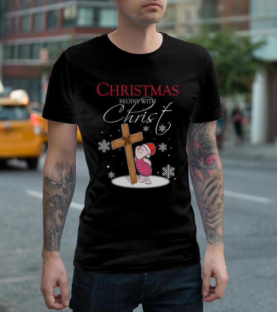 Christmas Begins With Christ Piglet Santa Hat Snowflakes T-Shirt