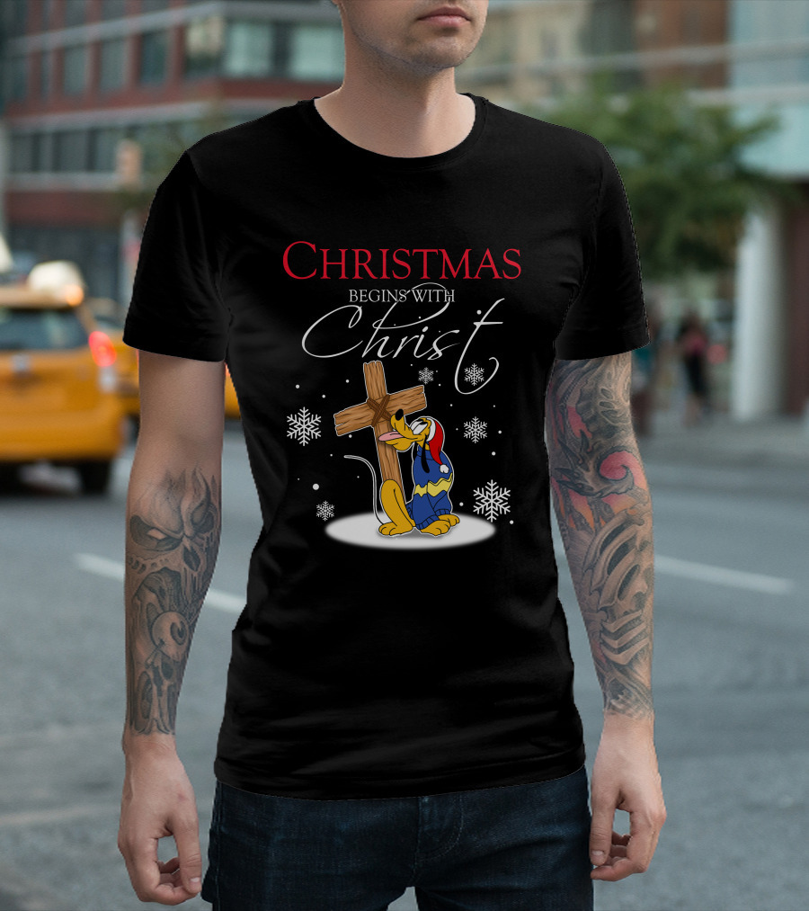 Christmas Begins With Christ Pluto Snowflakes Cross T-Shirt