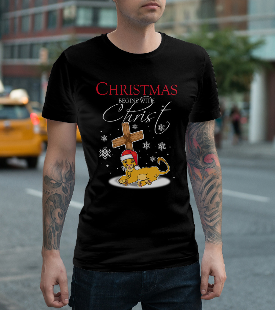 Christmas Begins With Christ Simba Snowflakes Santa Hat T-Shirt