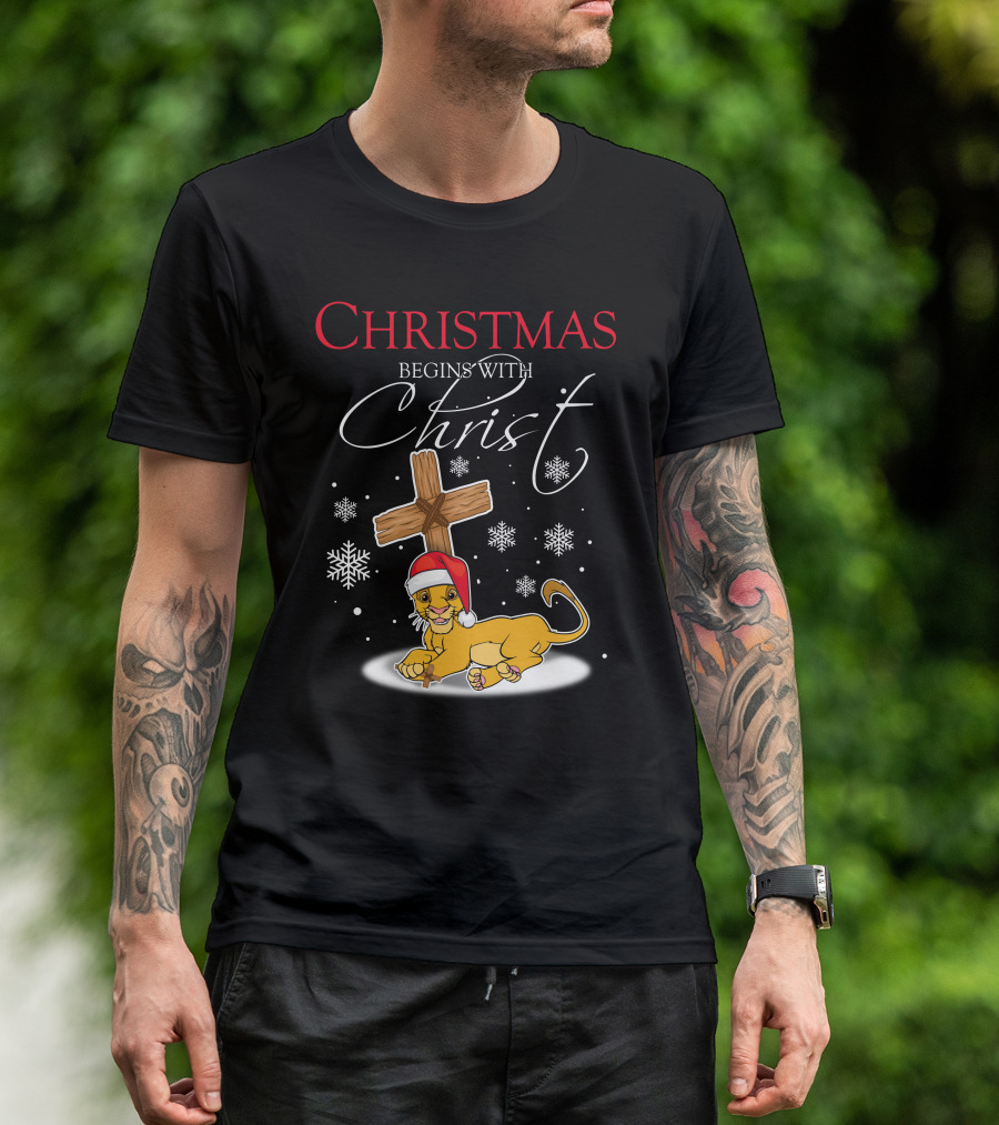 Christmas Begins With Christ Simba Snowflakes Santa Hat T-Shirt