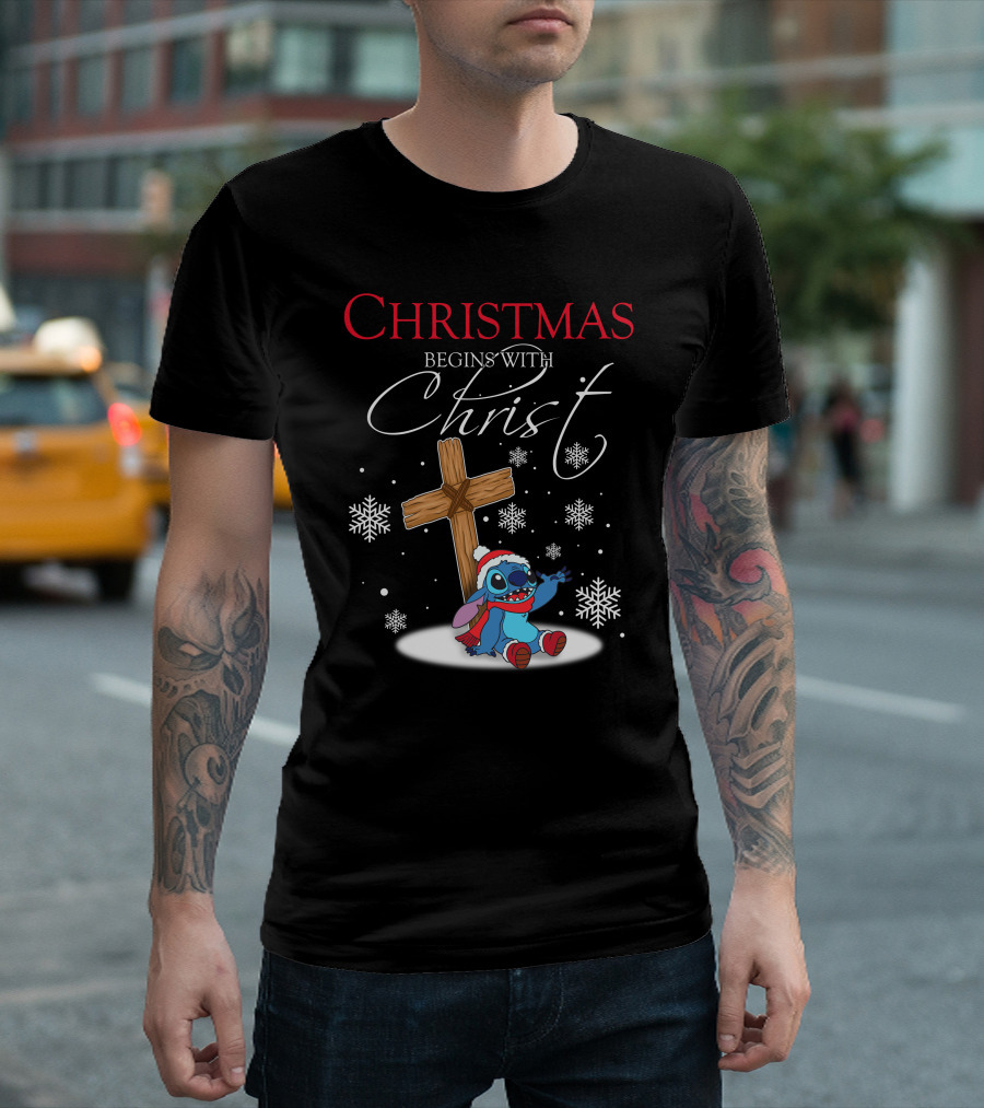 Christmas Begins With Christ Stitch Snowflakes T-Shirt