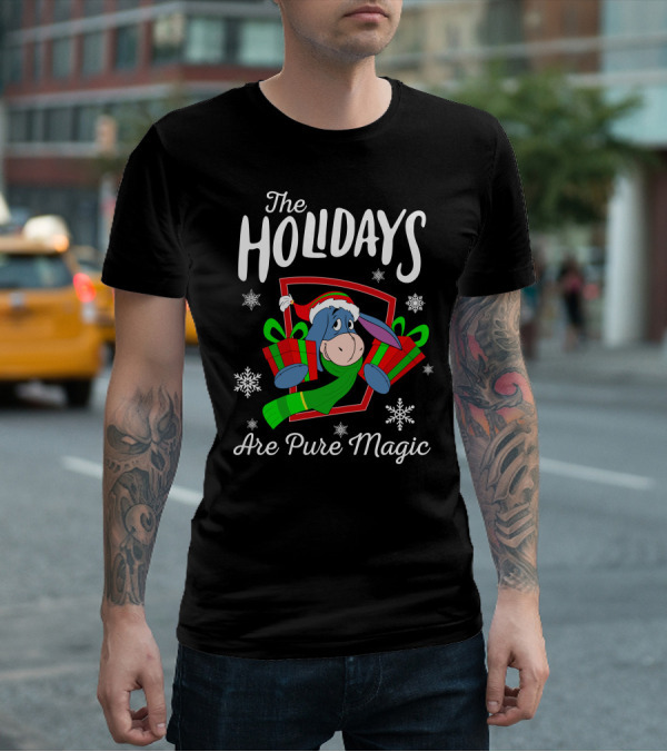 The Holidays Are Pure Magic Eeyore Wearing Santa Hat And Scarf Snowflakes And Presents T-Shirt