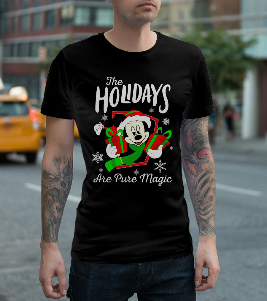 The Holidays Are Pure Magic Mickey Mouse Holding Gifts Snowflakes T-Shirt