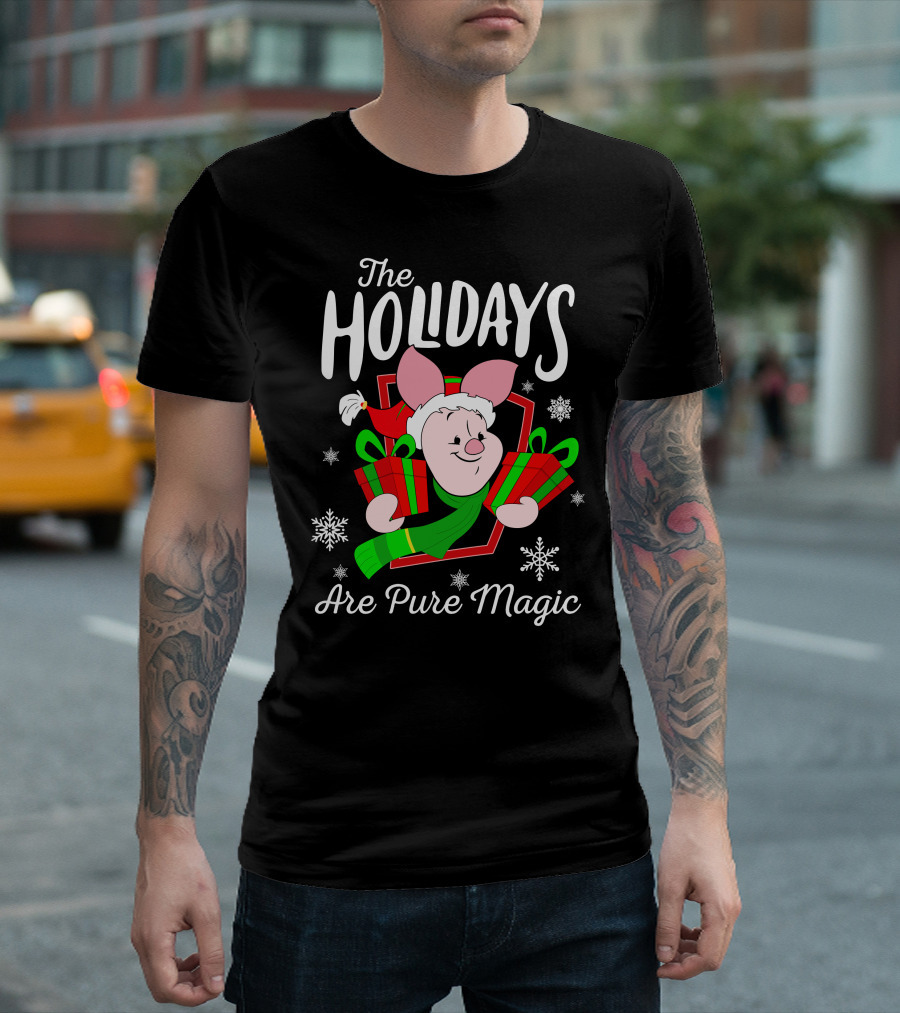 The Holidays Are Pure Magic Piglet Snowflakes Presents Santa Hat T-Shirt