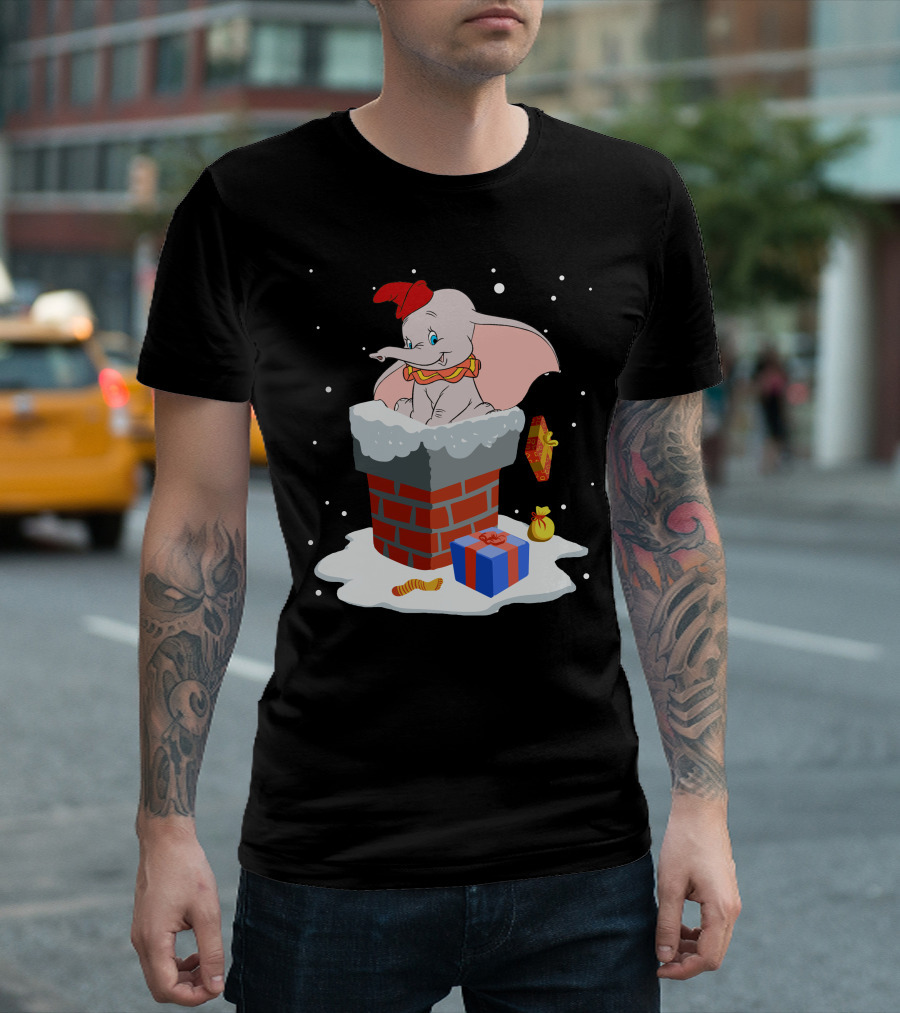 Dumbo Christmas Chimney Scene With Gifts And Snowflakes T-Shirt