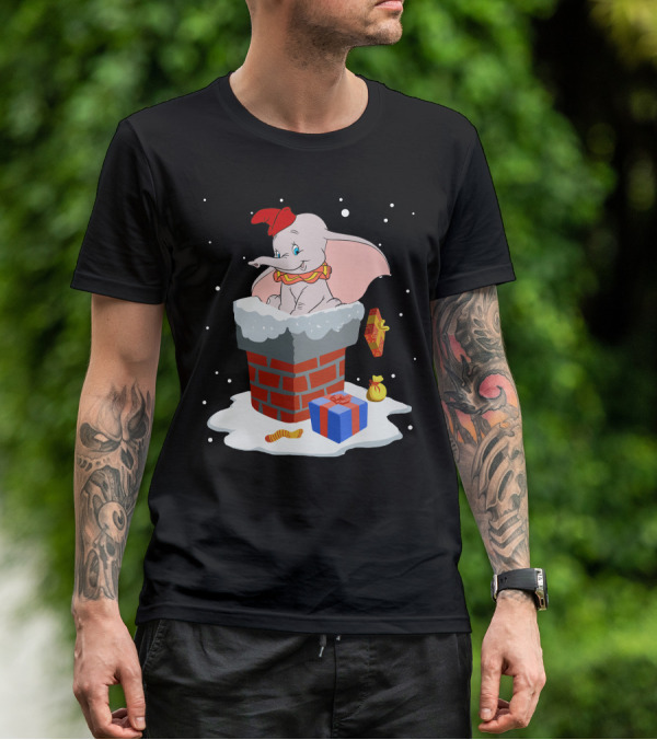 Dumbo Christmas Chimney Scene With Gifts And Snowflakes T-Shirt