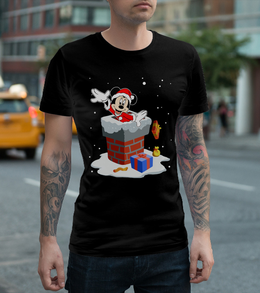 Minnie Mouse Santa In Chimney With Christmas Gifts And Snowflakes T-Shirt