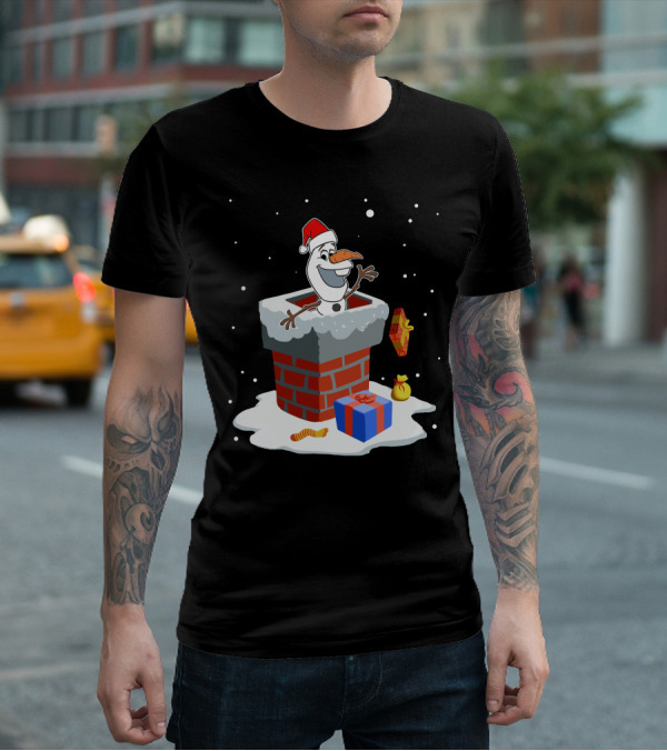 Olaf Christmas Santa Chimney Snowman With Gifts T-Shirt