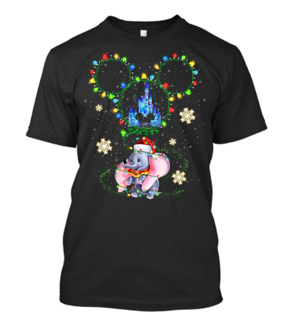 Dumbo Christmas Lights Castle Mickey Ears Snowflakes Disney Holiday T-Shirt
