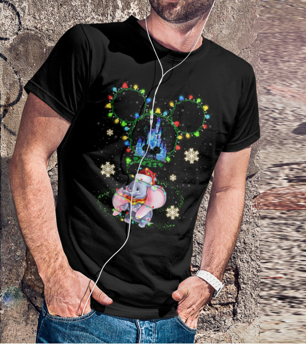 Dumbo Christmas Lights Castle Mickey Ears Snowflakes Disney Holiday T-Shirt