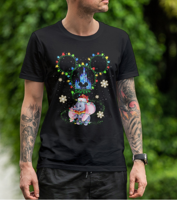 Dumbo Christmas Lights Castle Mickey Ears Snowflakes Disney Holiday T-Shirt