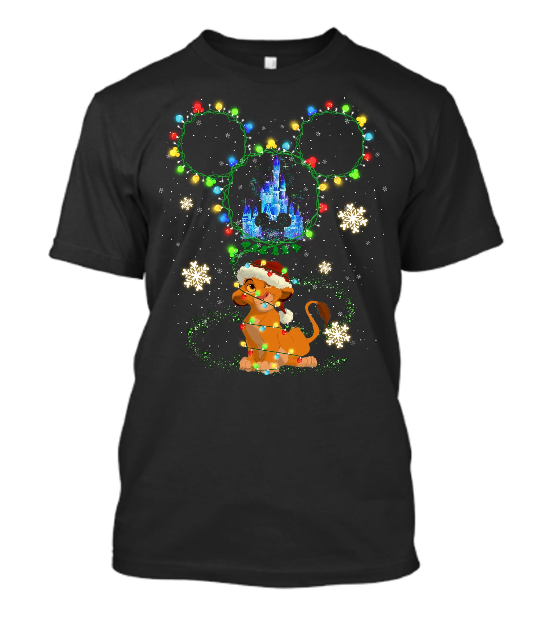 Simba Christmas Disney Castle Mickey Ears Lights Snowflakes T-Shirt