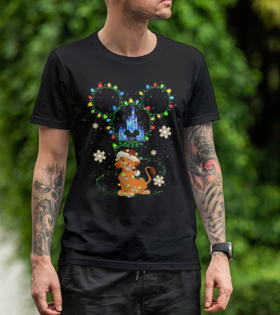 Simba Christmas Disney Castle Mickey Ears Lights Snowflakes T-Shirt