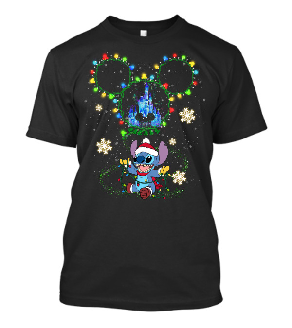 Stitch Christmas Disney Castle Mickey Mouse Ears Holiday Lights Snowflakes T-Shirt