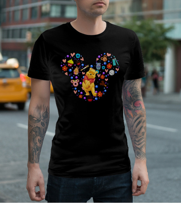Winnie The Pooh Heart Pattern With Flowers Hearts And Cartoon Snacks T-Shirt
