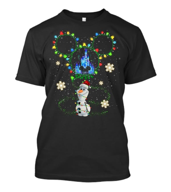 Olaf Christmas Lights Disney Castle With Mickey Ears Snowflakes T-Shirt